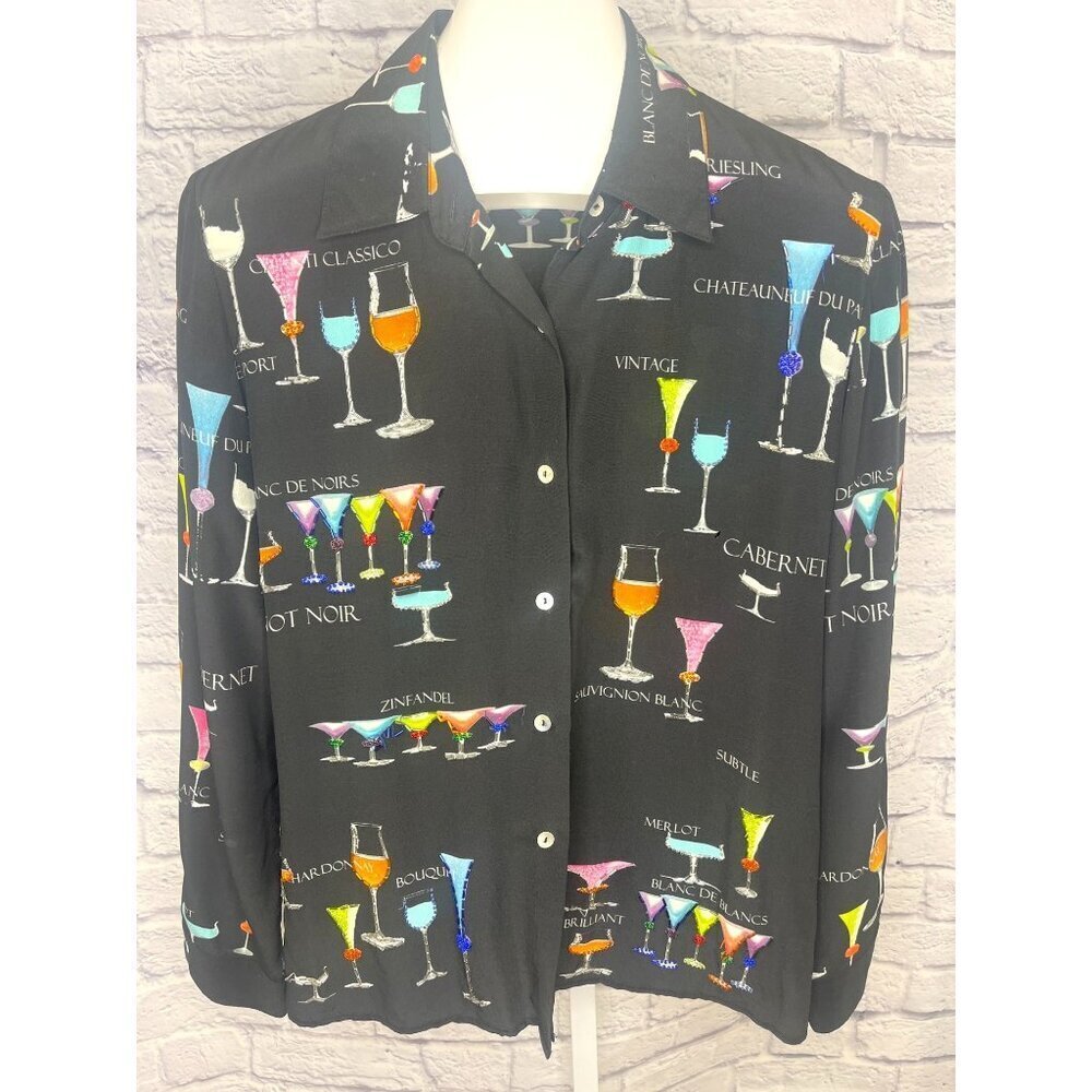 Nicole Taylor Silk Blouse Art Deco Blouse Cocktail Drink Print MED long sleeve